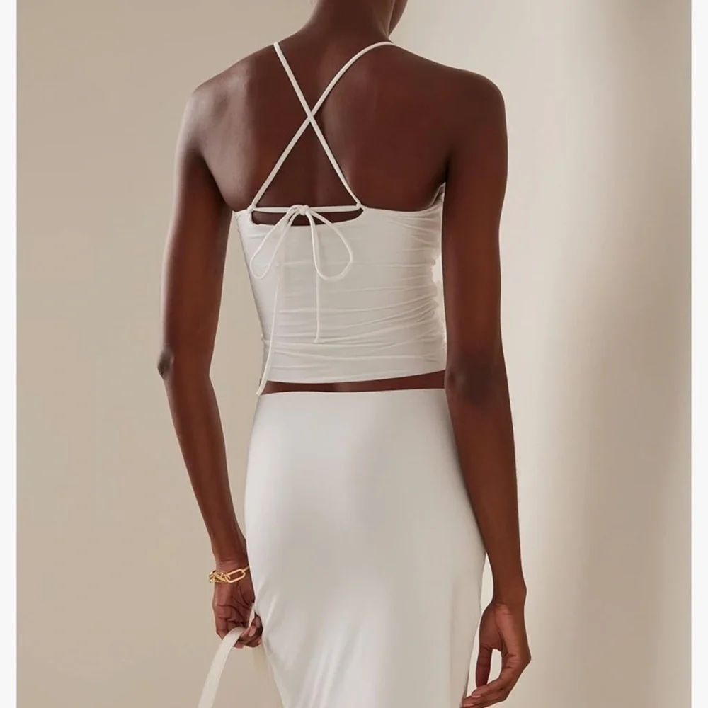 Off White: Open Front Top w/ Ruffle Flowers: Size Small. - Picture 5 of 6